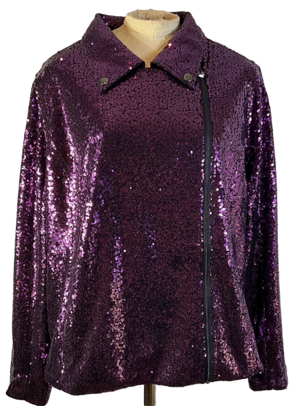 Colleen Lopez 1X Purple Sequin Asymmetrical Front Zip Up Jacket With Pockets